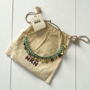 NKN Nekane Joyce Blue Beaded Gold Disc Distressed Choker Necklace NWT Reg. $89